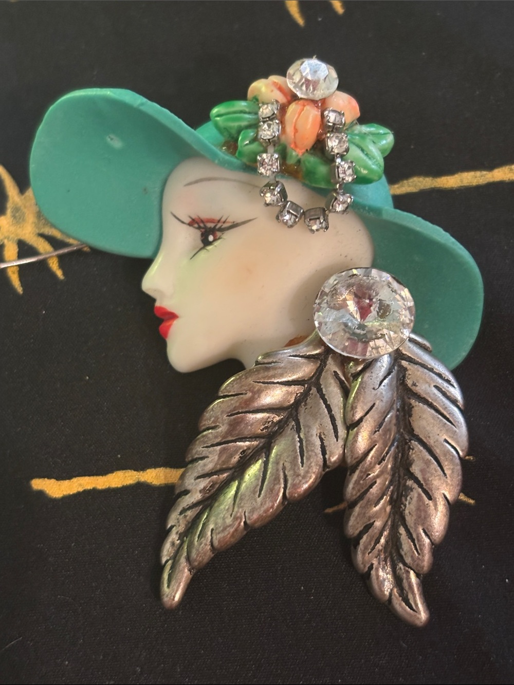 Art Deco Vintage Lady Profile Brooch in Teal and Silver